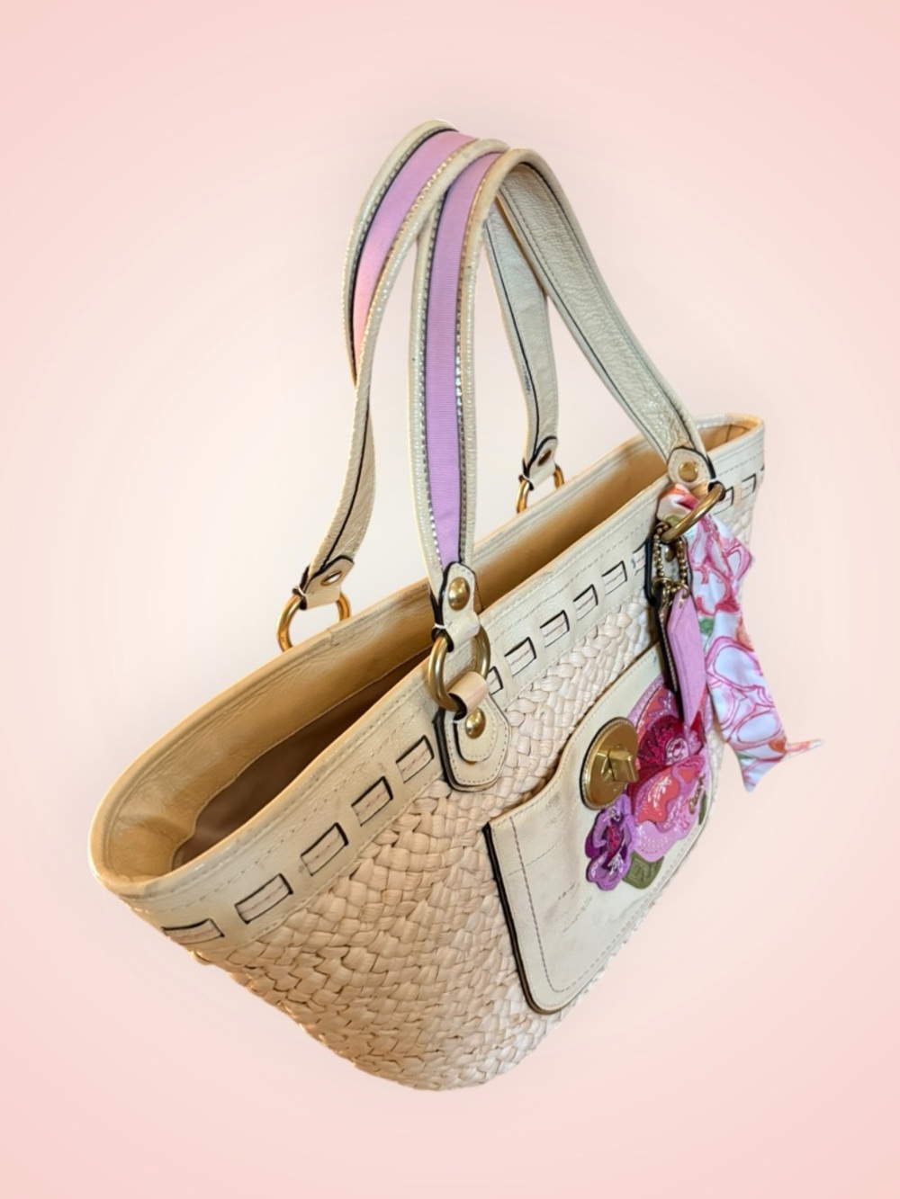 Coach Cream Woven Leather Shoulder Bag with Pink Floral Appliqué